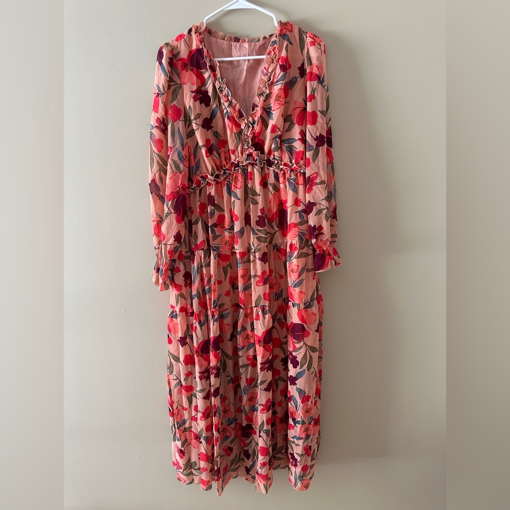 Women’s Long Sleeve Floral V-Neck Dress Multicolor Size L.